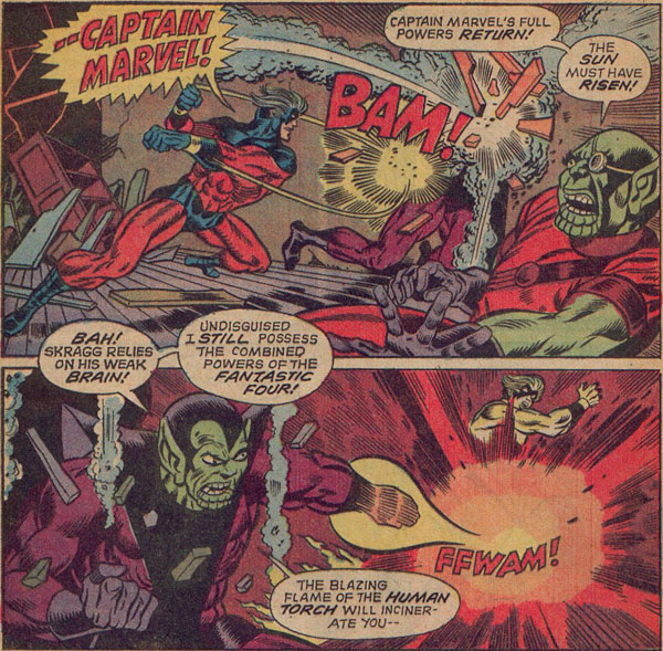 Captain Marvel defeats the two Skrull
