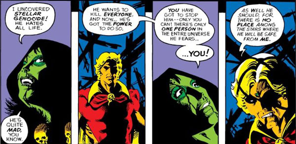 Gamora Reveals Thanos Plot to Adam Warlock. Avengers Annual #7. Art by Jim Starlin. (Marvel Comics)