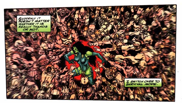Gamora is attacked by Followers of the Thanos Clone