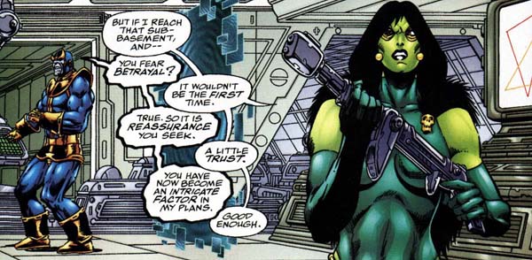 Gamora and Thanos decide to defeat the Thanosi