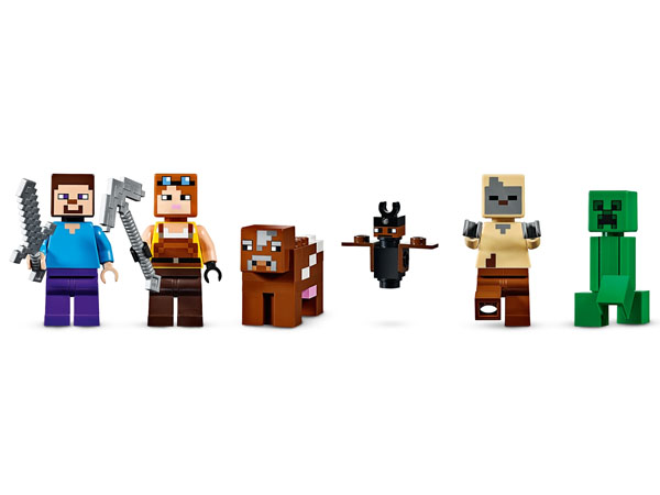 3 minifigures: Minecraft Steve with Iron Sword, Blacksmith with Pickaxe, Husk. Creeper, Cow And Bat Figures.