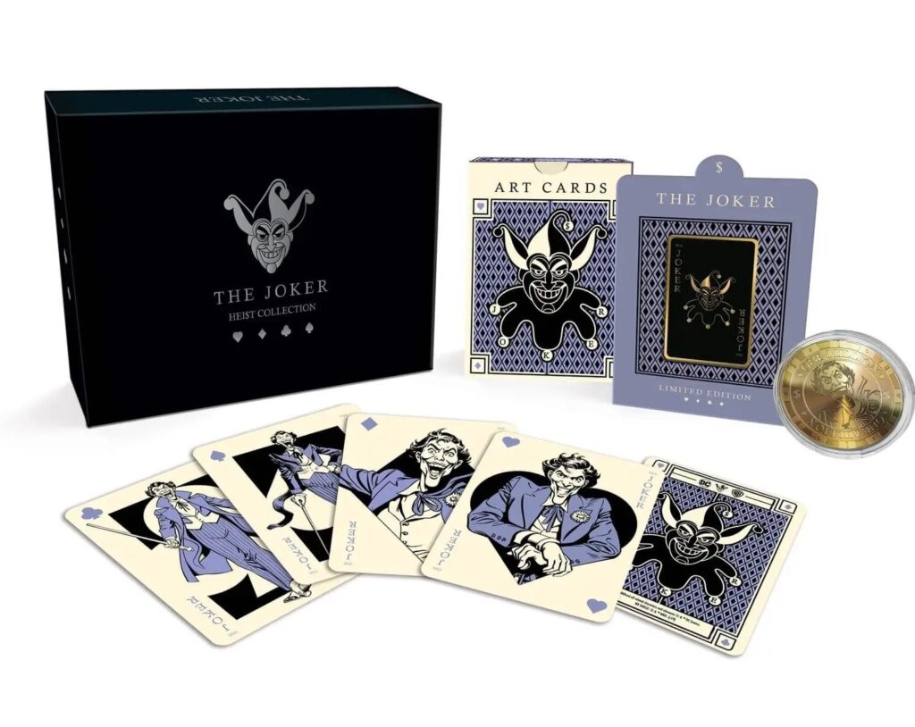 The Joker Collectable Pin Badge, Coin and Art Cards by DC Comics