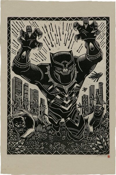 Black Panther Linocut Print on Lokta Paper